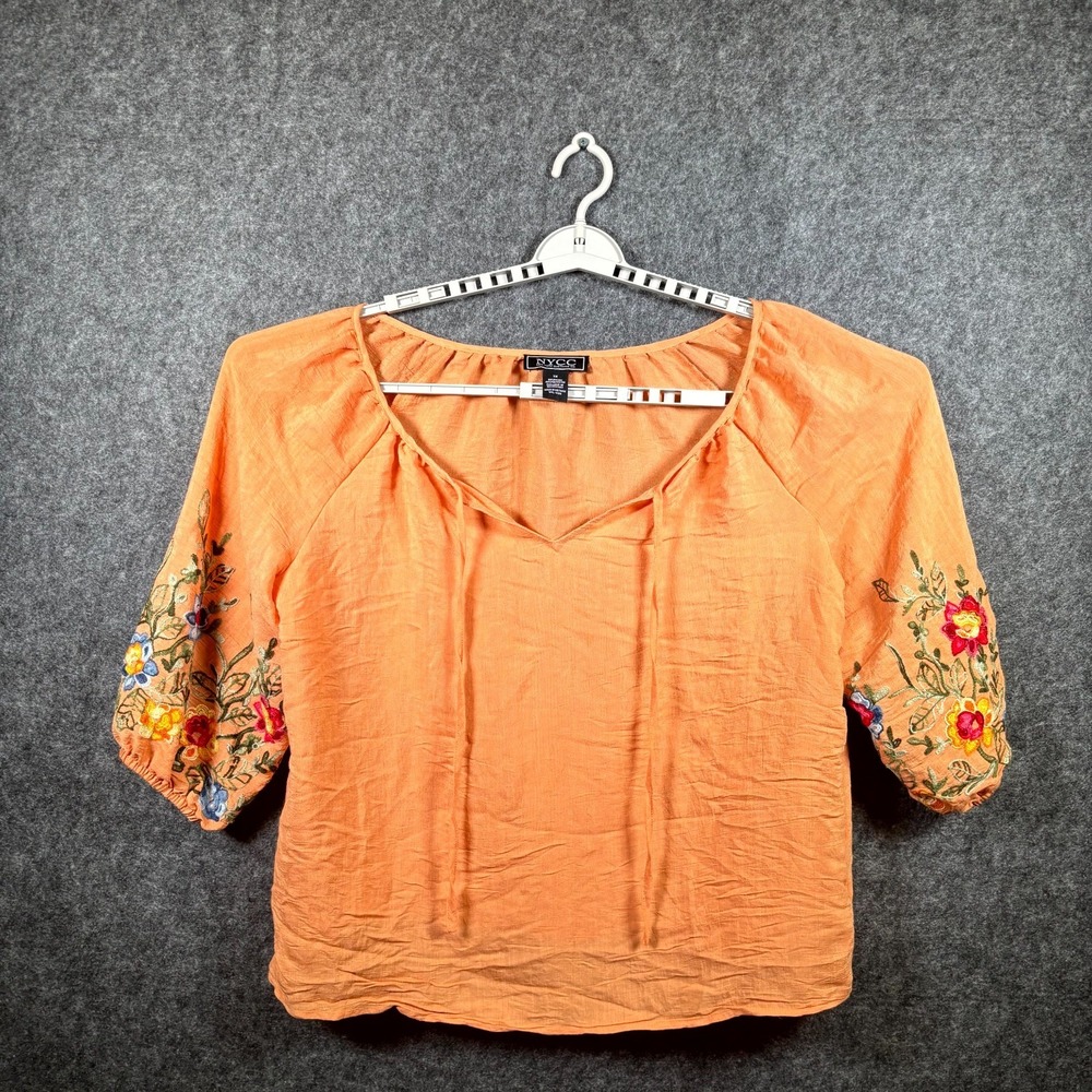 NYCC Cropped Top Women's 1X Orange Rayon Embroidered Peasant Balloon Sleeve